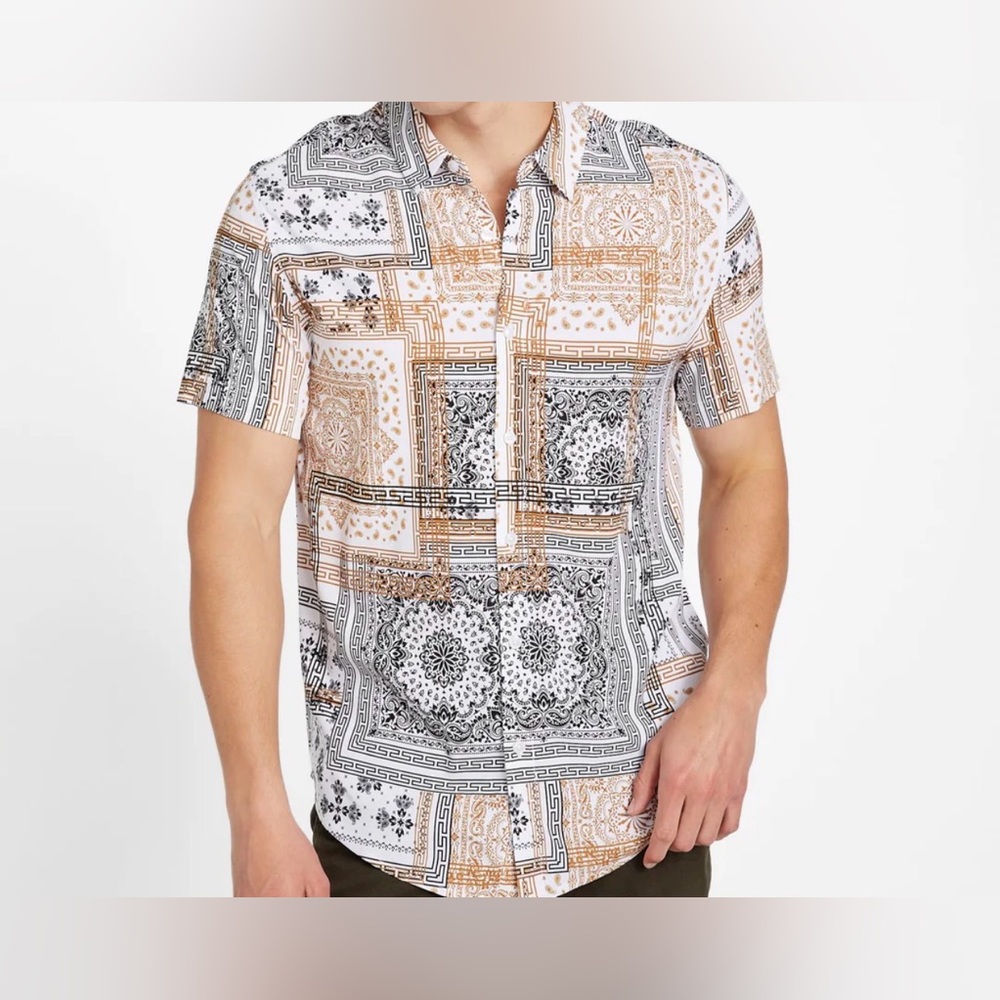 Guess NWT Men's Abstract Pattern Shirt - Black, Brown, White